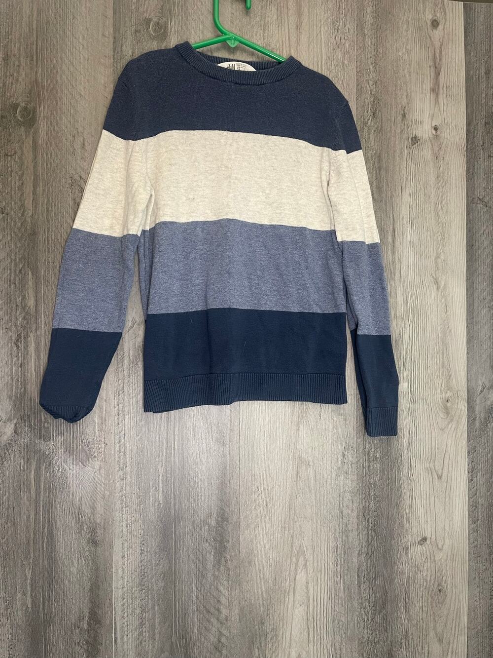 H&M Boys 8-10 Colorblock Knit Sweater Navy Blue Gray Cream Crewneck